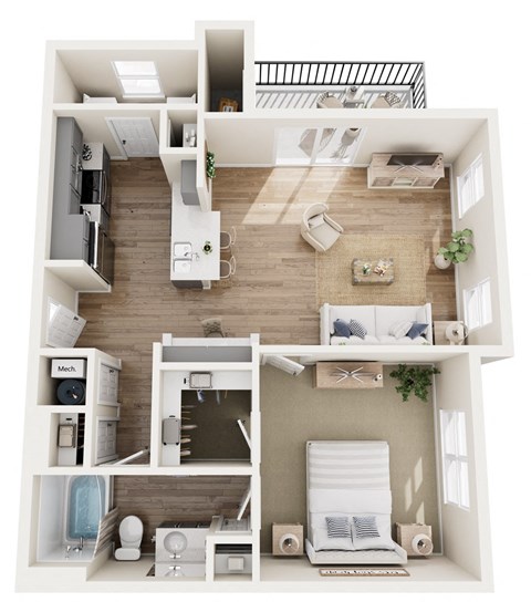 a 3d drawing of the living room of a house